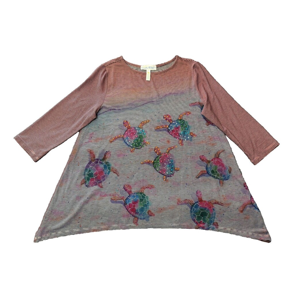 Ellen Negley Art & Sol Top Womens Medium M Turtle Pattern Colorful Striped Shirt